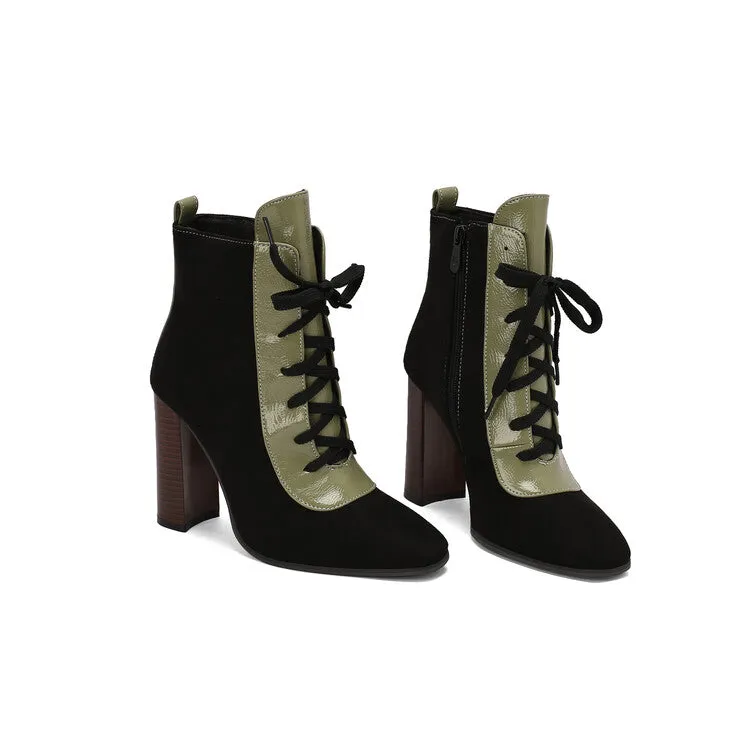 Women's Patchwork Lace Up Pointed Toe Square Heel Short Boots