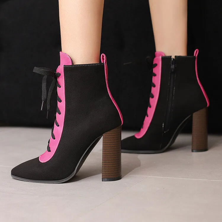Women's Patchwork Lace Up Pointed Toe Square Heel Short Boots