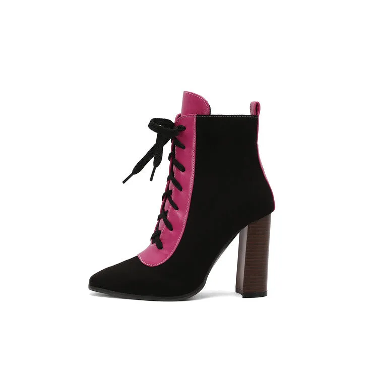 Women's Patchwork Lace Up Pointed Toe Square Heel Short Boots