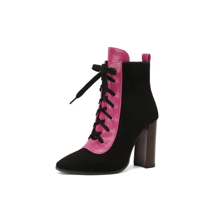Women's Patchwork Lace Up Pointed Toe Square Heel Short Boots