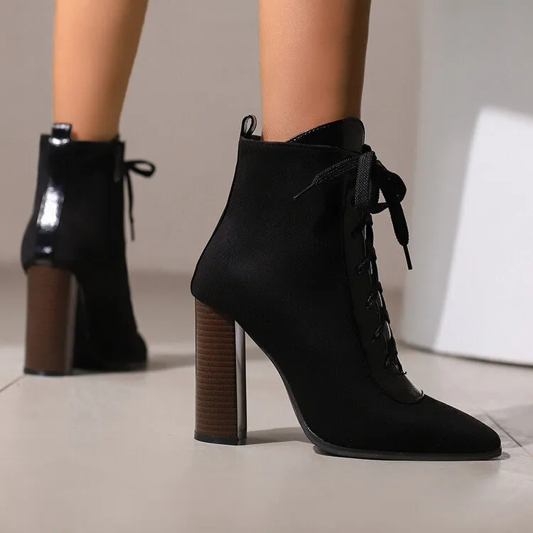 Women's Patchwork Lace Up Pointed Toe Square Heel Short Boots