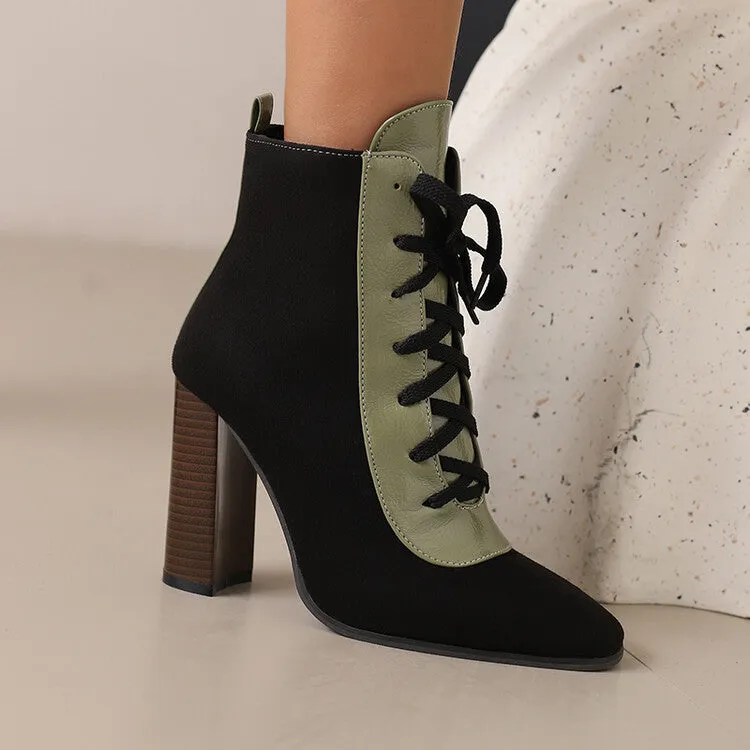 Women's Patchwork Lace Up Pointed Toe Square Heel Short Boots