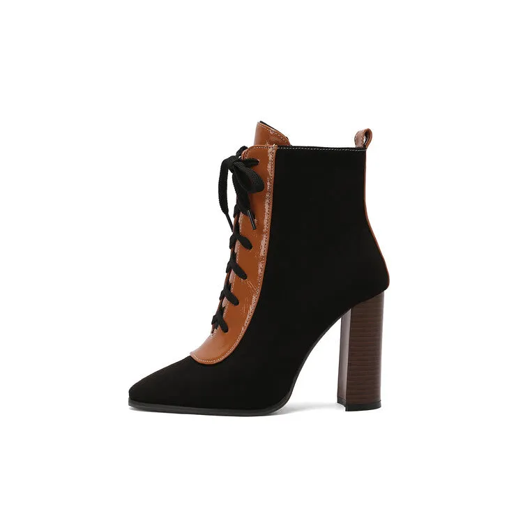 Women's Patchwork Lace Up Pointed Toe Square Heel Short Boots