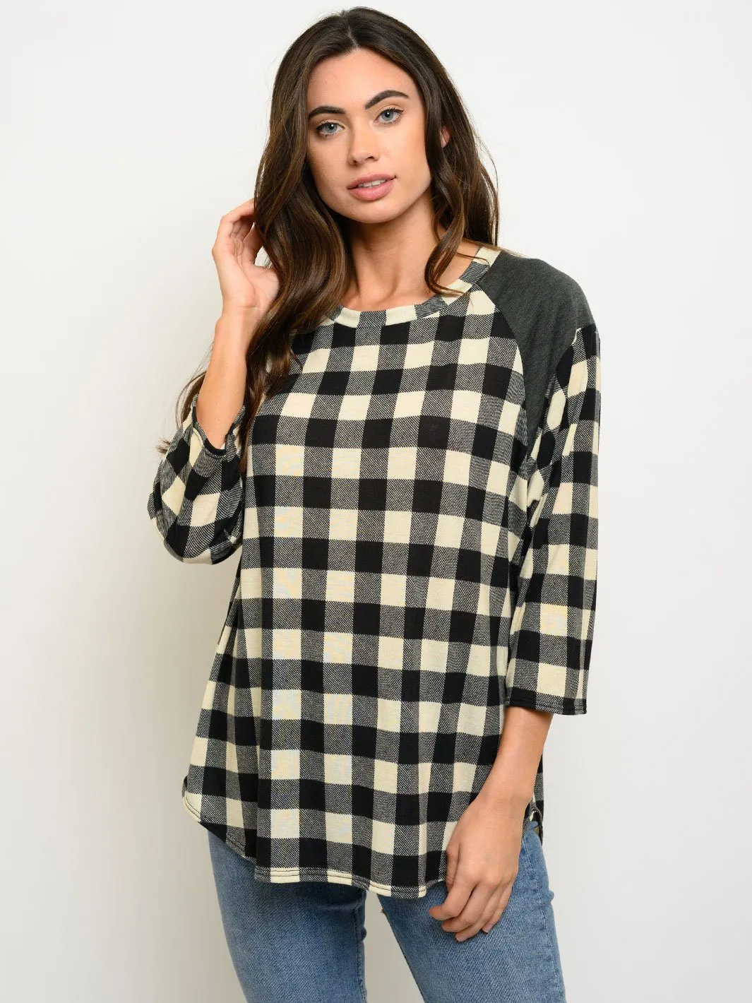 WOMEN'S PLAID 3/4 SLEEVES TOP