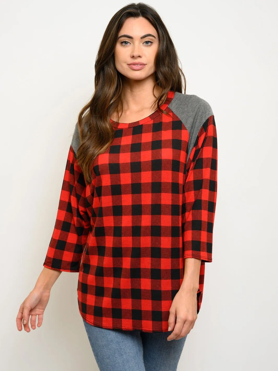 WOMEN'S PLAID 3/4 SLEEVES TOP