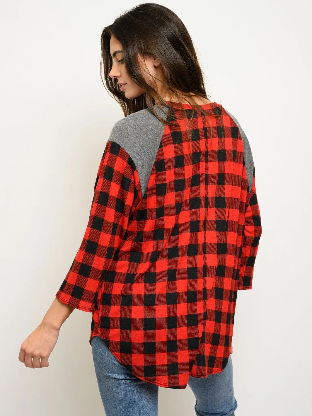 WOMEN'S PLAID 3/4 SLEEVES TOP