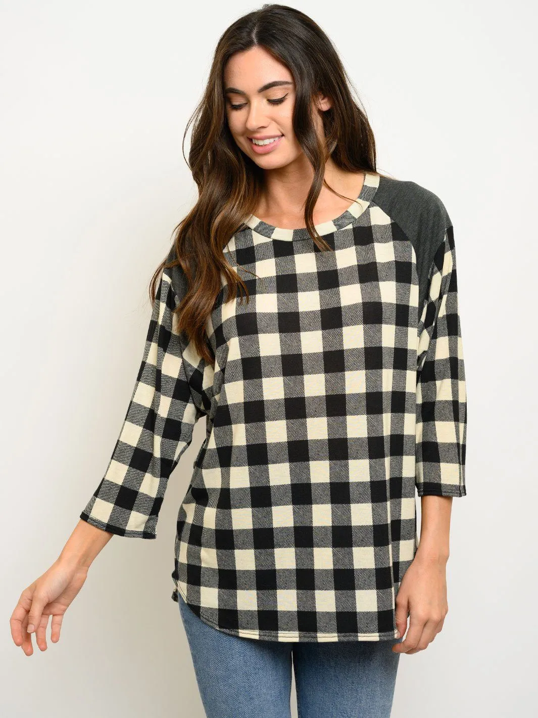 WOMEN'S PLAID 3/4 SLEEVES TOP