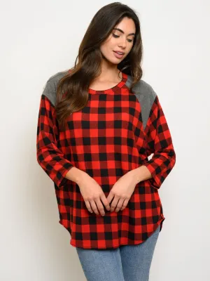 WOMEN'S PLAID 3/4 SLEEVES TOP
