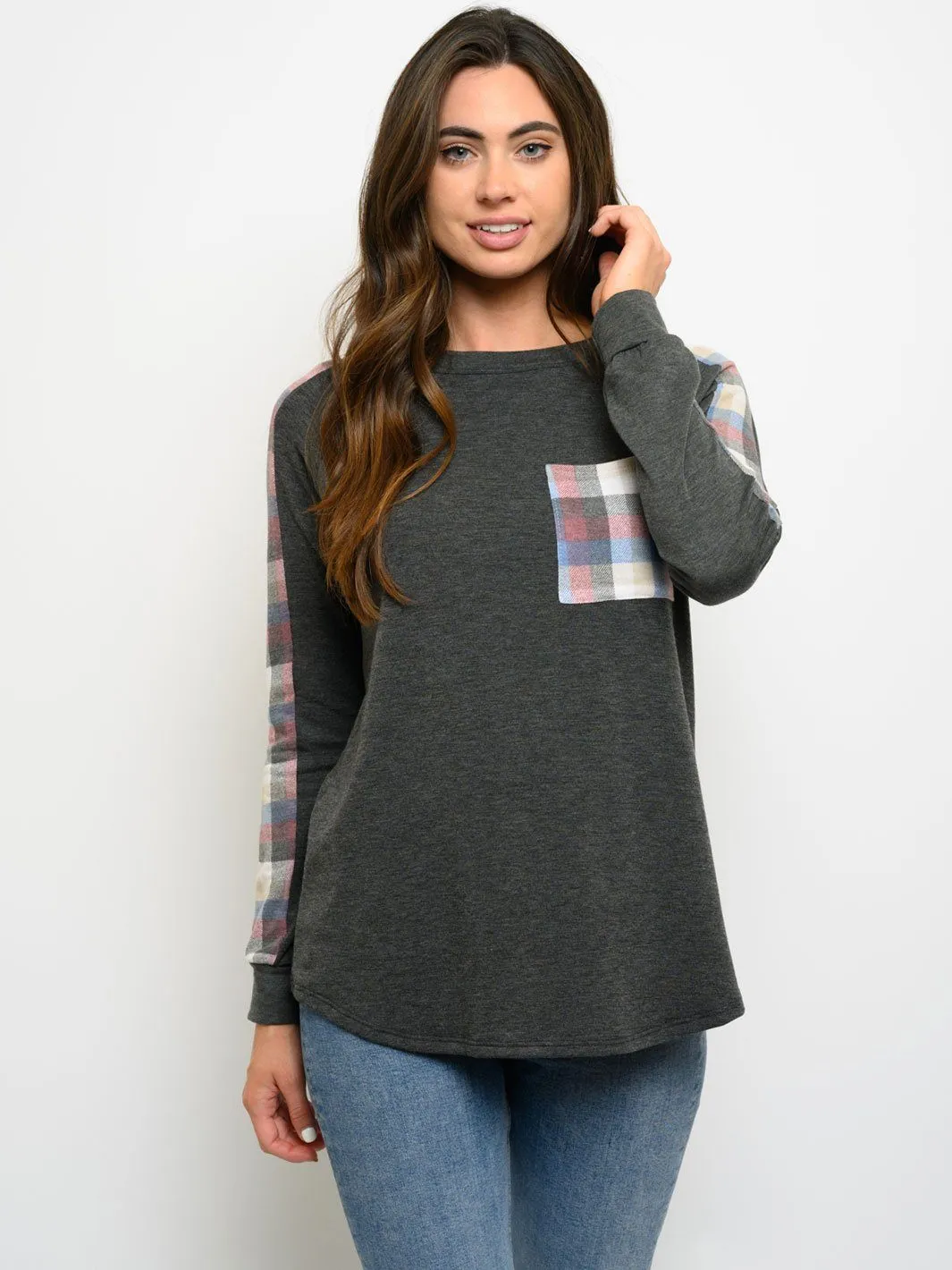 WOMEN'S PLAID LONG SLEEVE FRONT POCKET TOP