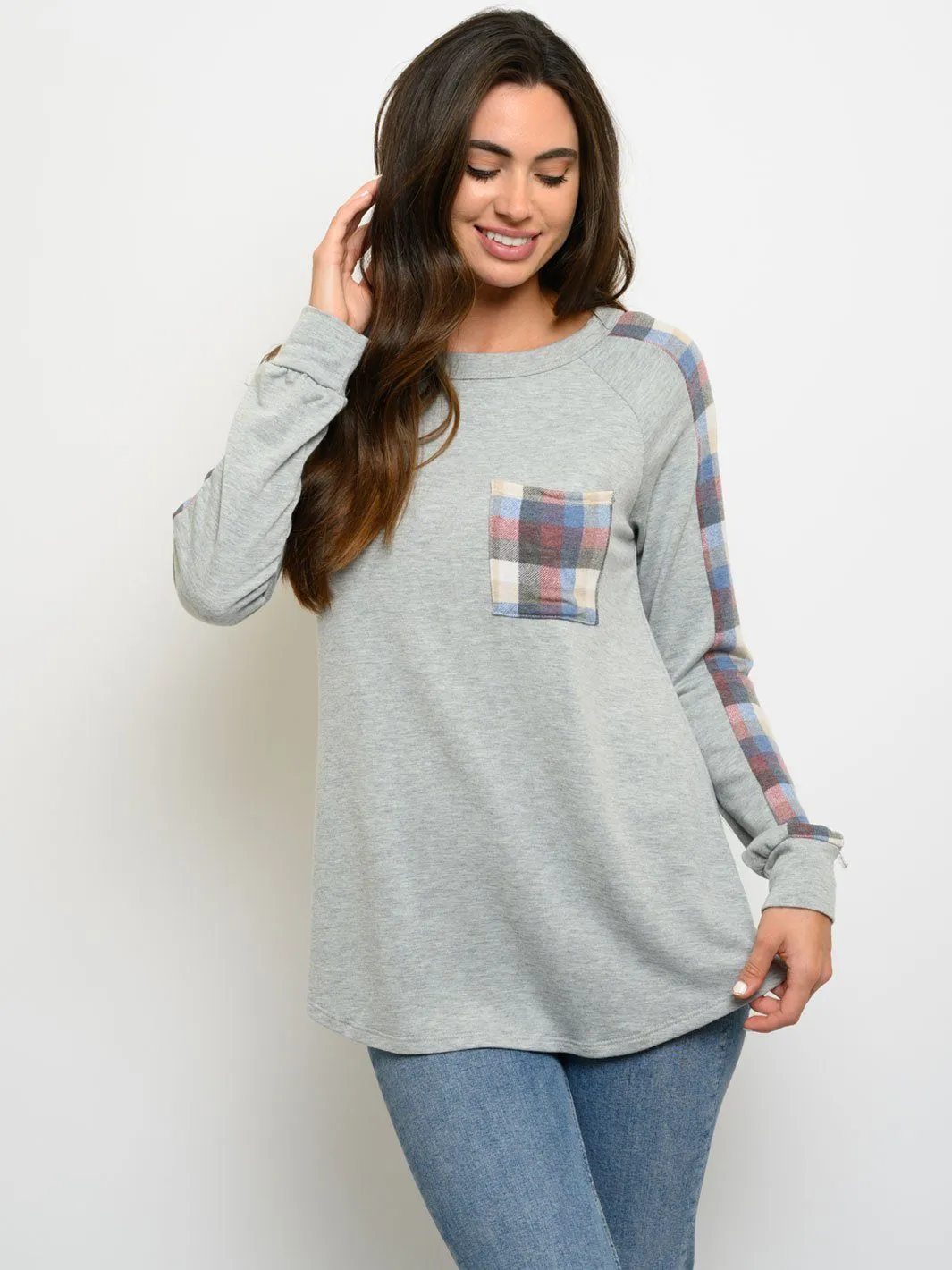 WOMEN'S PLAID LONG SLEEVE FRONT POCKET TOP