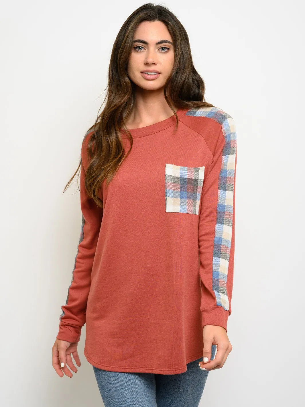 WOMEN'S PLAID LONG SLEEVE FRONT POCKET TOP