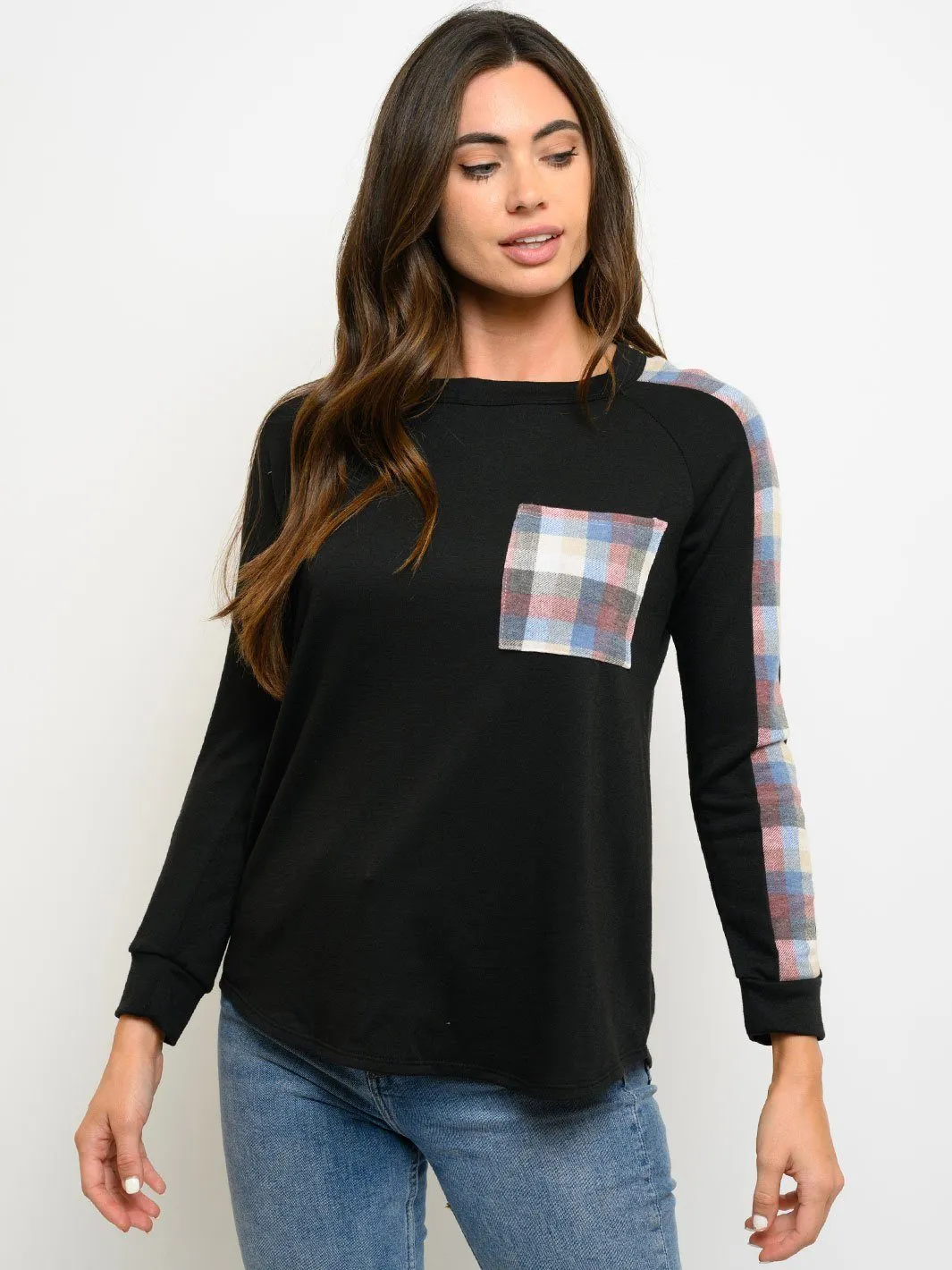 WOMEN'S PLAID LONG SLEEVE FRONT POCKET TOP