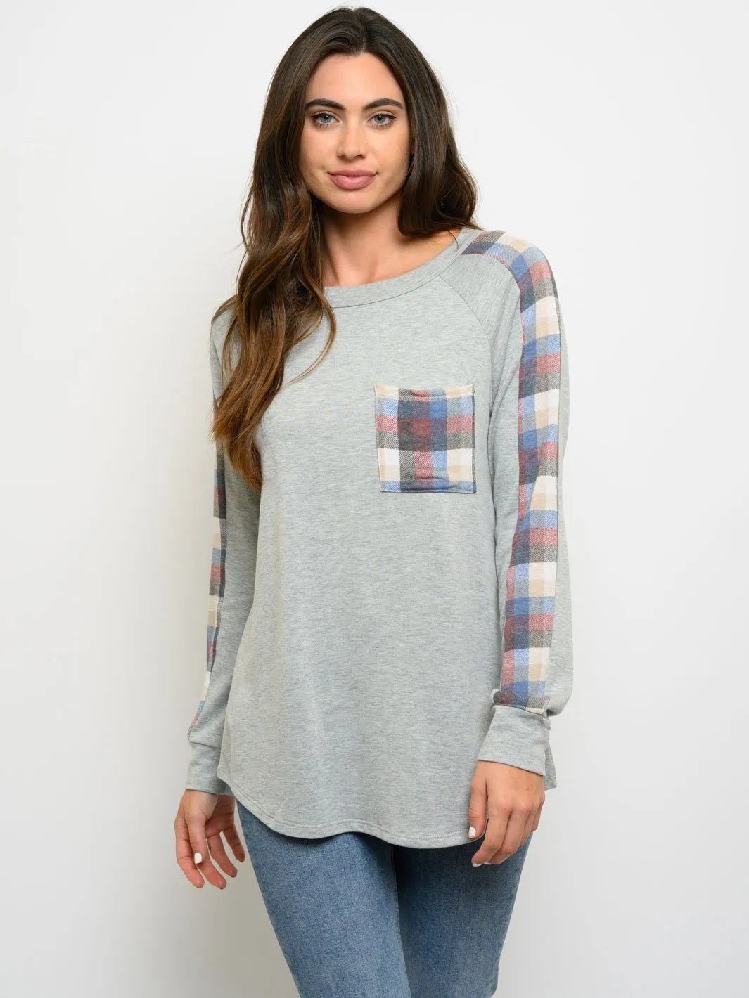WOMEN'S PLAID LONG SLEEVE FRONT POCKET TOP