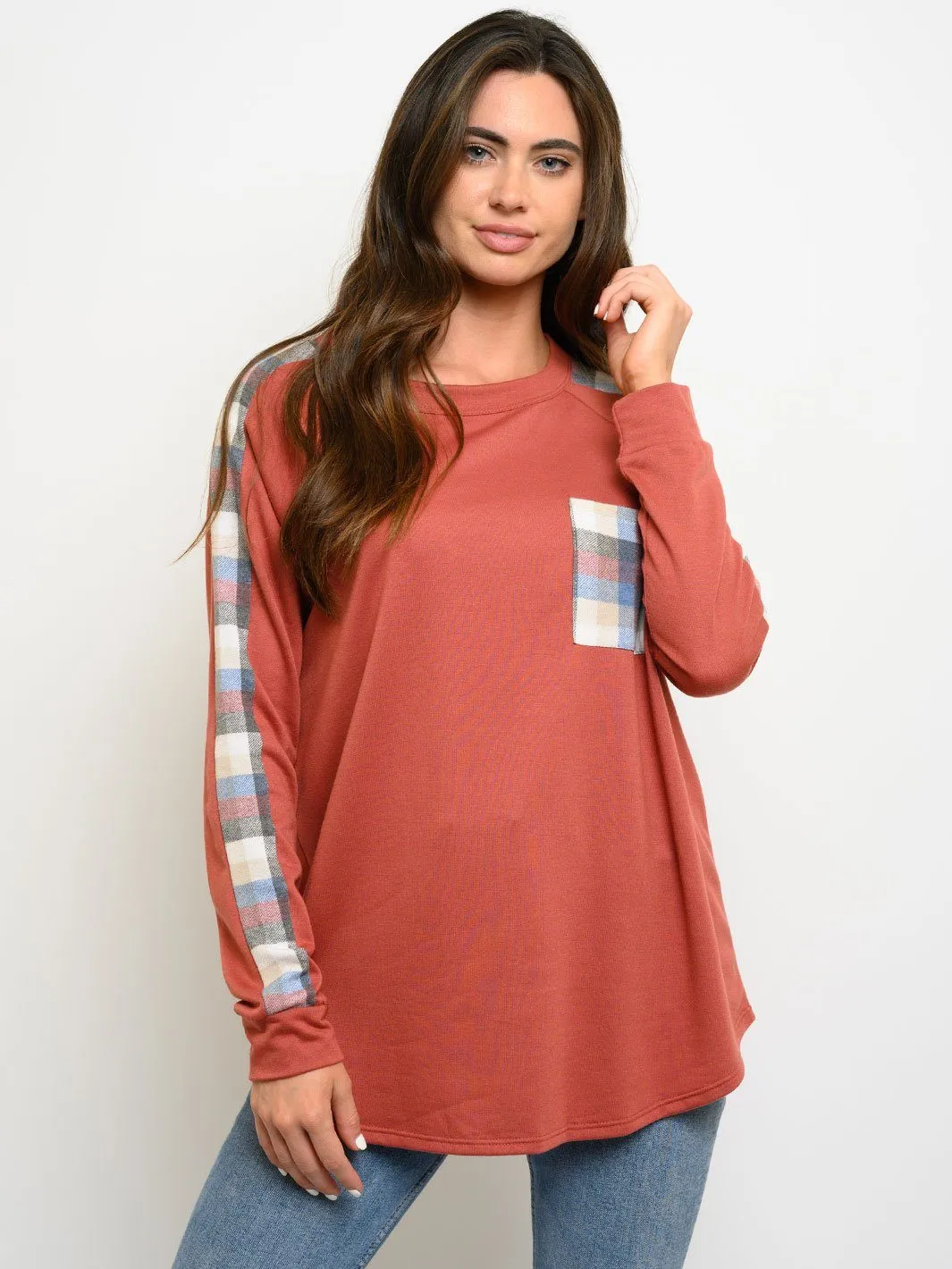 WOMEN'S PLAID LONG SLEEVE FRONT POCKET TOP