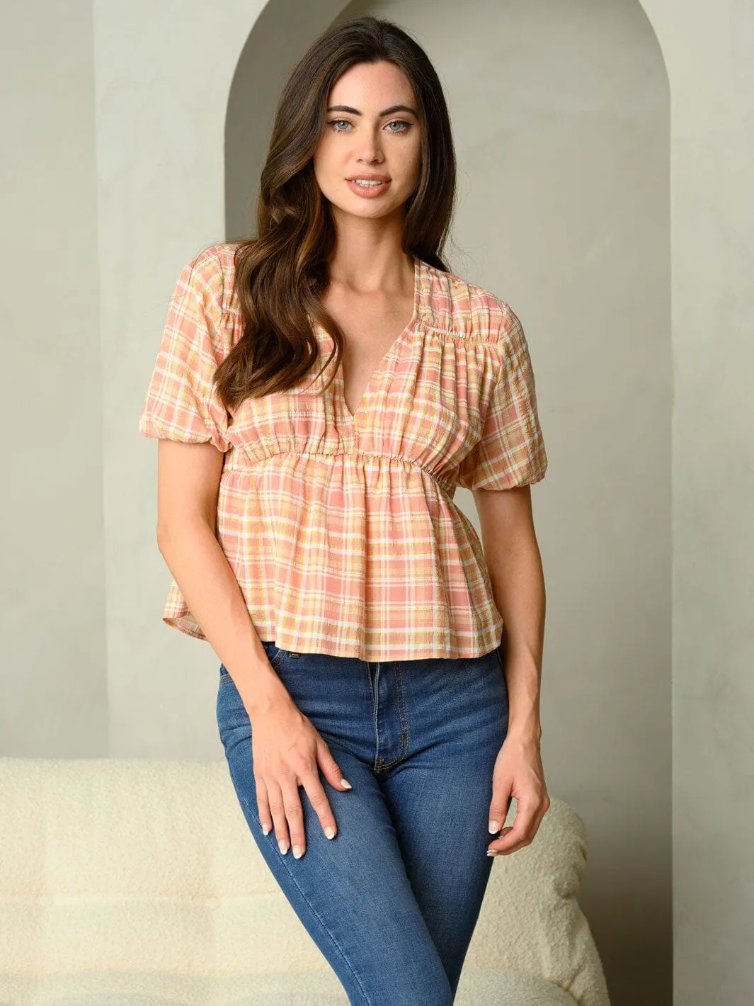 WOMEN'S PLAID PRINT V-NECK PUFF BAND SHORT SLEEVE TOP