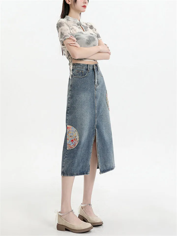 Women's Semicircle Embroidery Front Split Denim Skirts