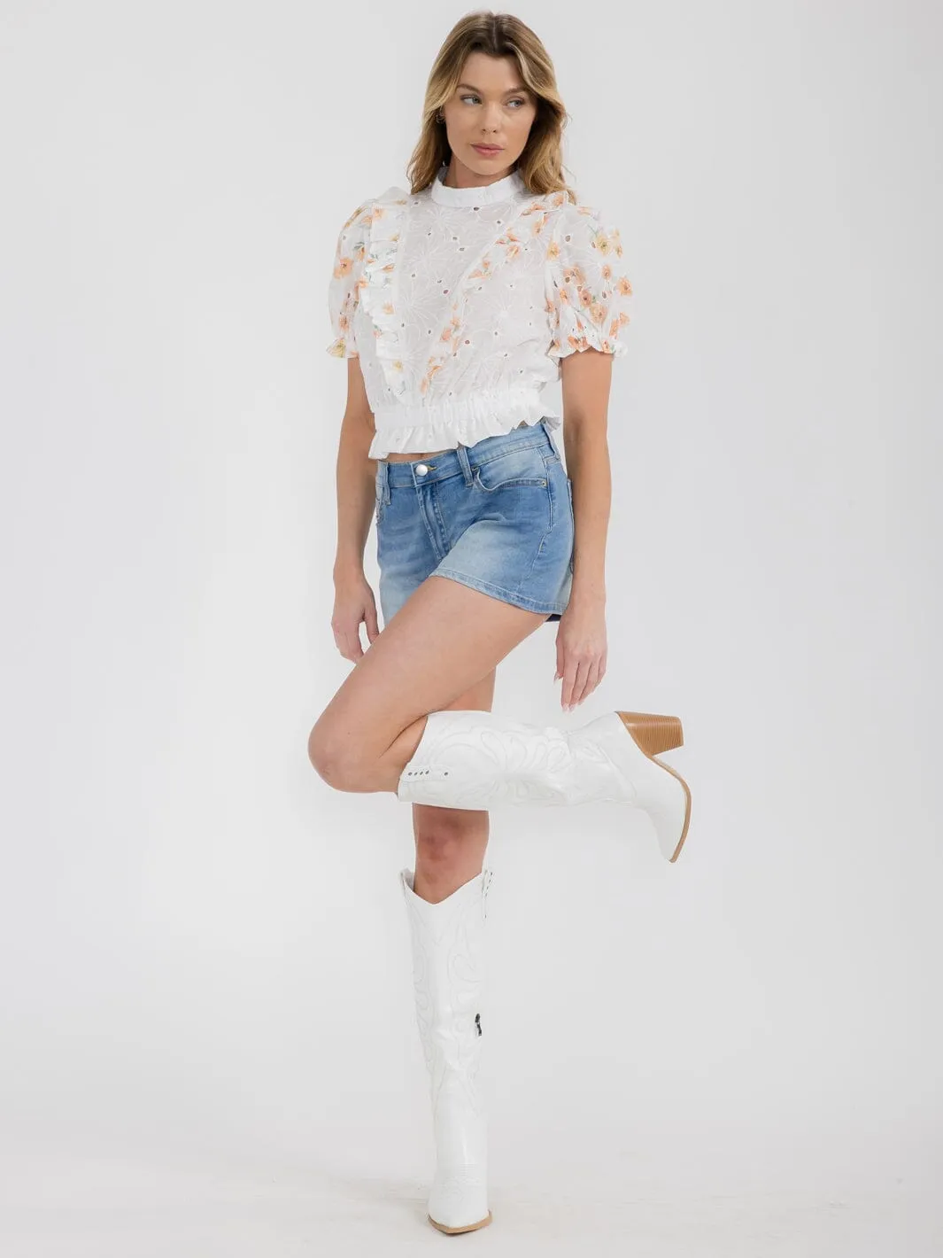 WOMEN'S SHORT PUFF SLEEVE MOCK NECK FLORAL EYELET BLOUSE TOP