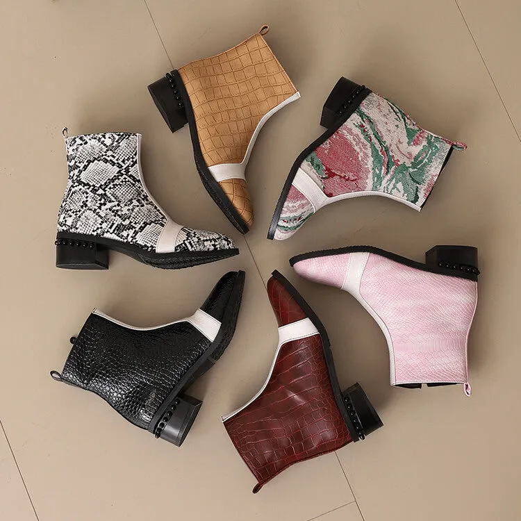 Women's Snake Print Color Block Pointed Toe Square Heel Ankle Boots