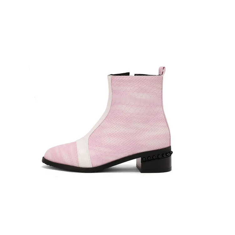 Women's Snake Print Color Block Pointed Toe Square Heel Ankle Boots