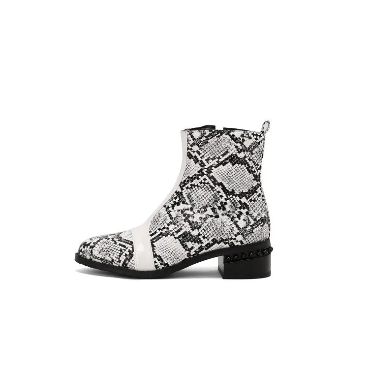 Women's Snake Print Color Block Pointed Toe Square Heel Ankle Boots