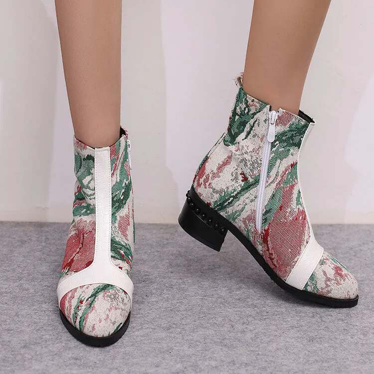 Women's Snake Print Color Block Pointed Toe Square Heel Ankle Boots
