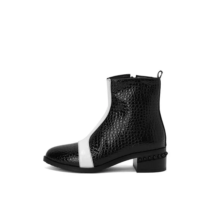 Women's Snake Print Color Block Pointed Toe Square Heel Ankle Boots