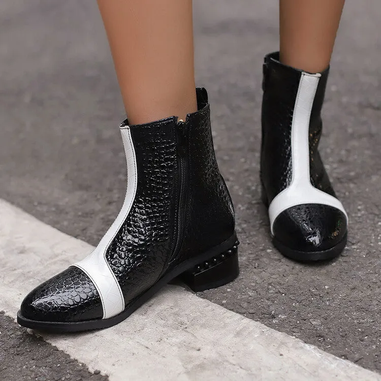 Women's Snake Print Color Block Pointed Toe Square Heel Ankle Boots