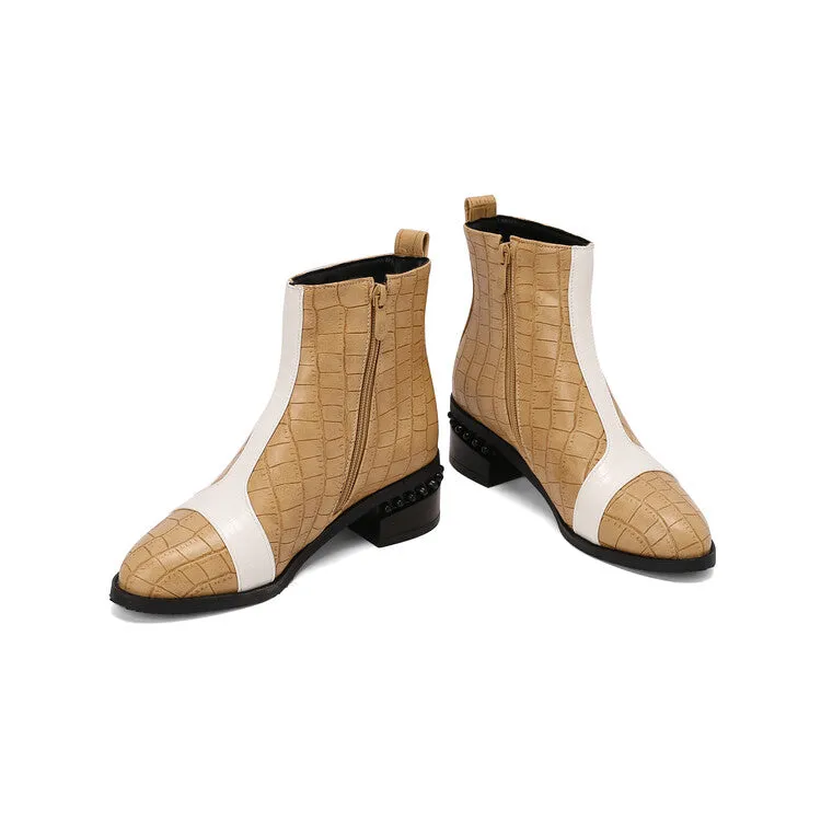 Women's Snake Print Color Block Pointed Toe Square Heel Ankle Boots