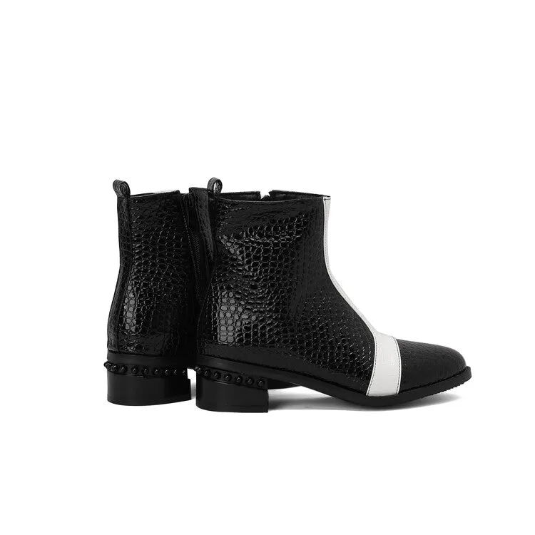 Women's Snake Print Color Block Pointed Toe Square Heel Ankle Boots
