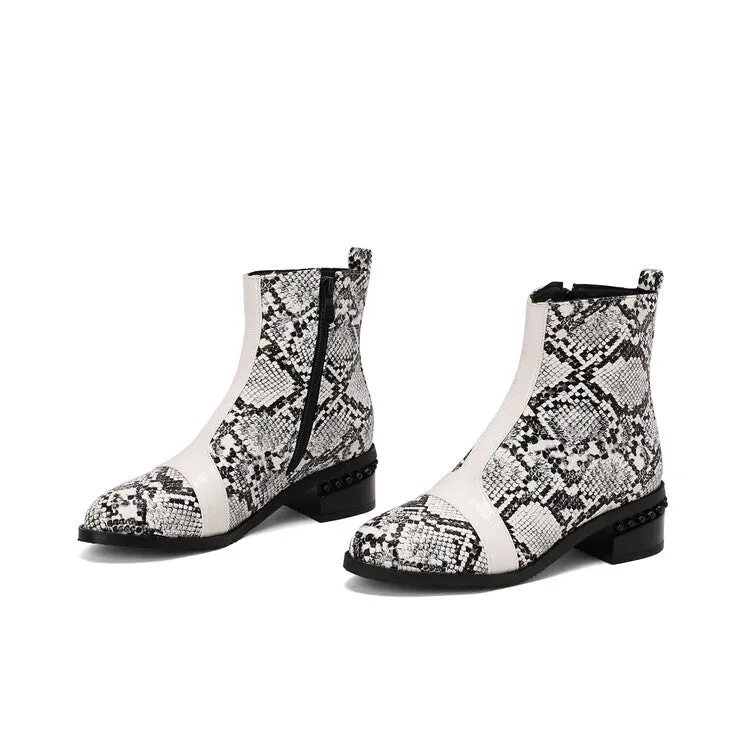 Women's Snake Print Color Block Pointed Toe Square Heel Ankle Boots