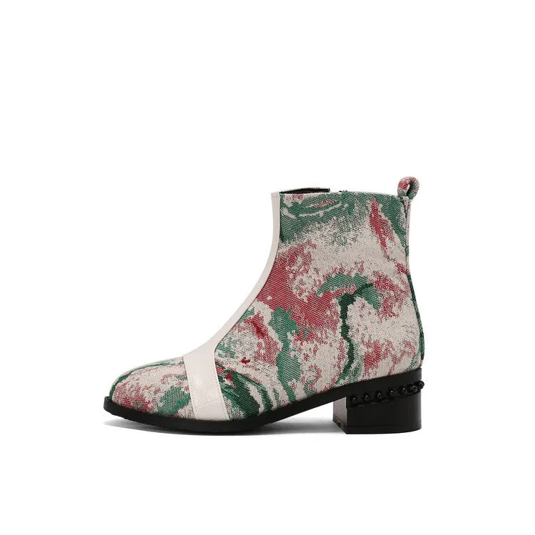 Women's Snake Print Color Block Pointed Toe Square Heel Ankle Boots