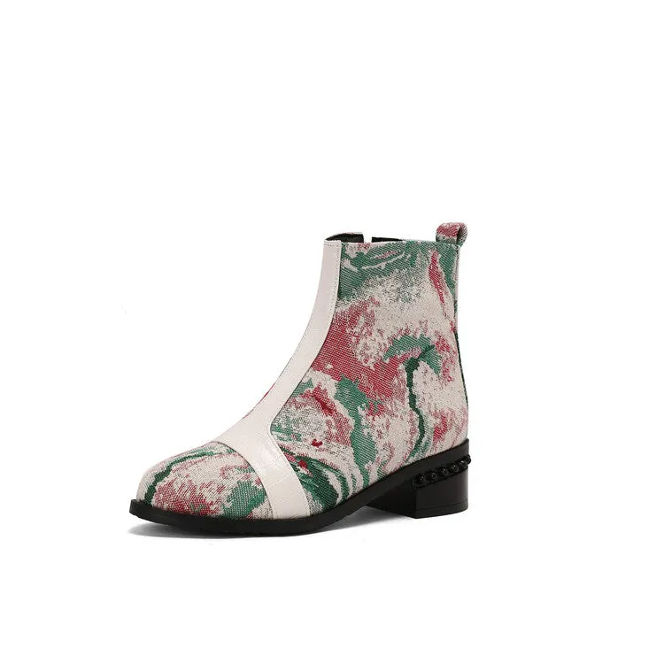 Women's Snake Print Color Block Pointed Toe Square Heel Ankle Boots