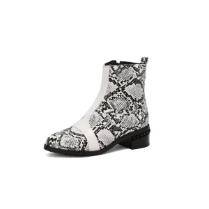 Women's Snake Print Color Block Pointed Toe Square Heel Ankle Boots