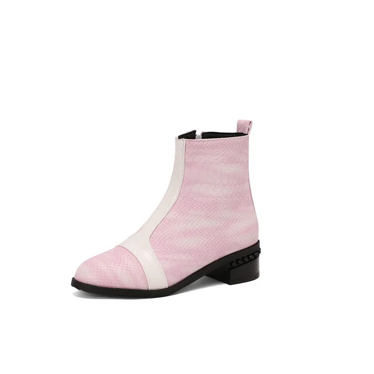 Women's Snake Print Color Block Pointed Toe Square Heel Ankle Boots