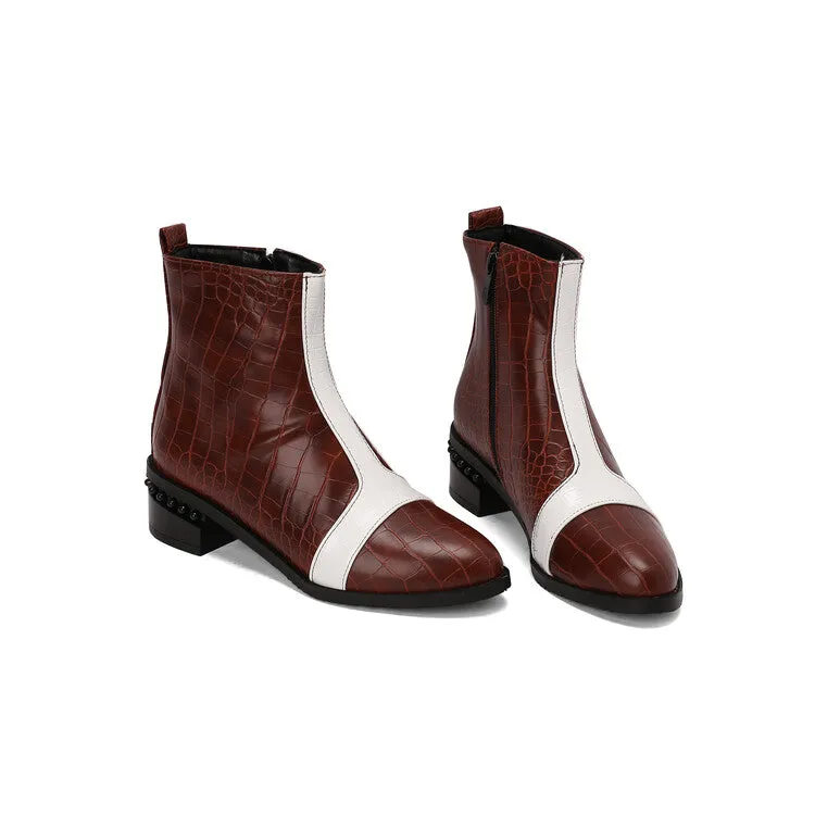 Women's Snake Print Color Block Pointed Toe Square Heel Ankle Boots