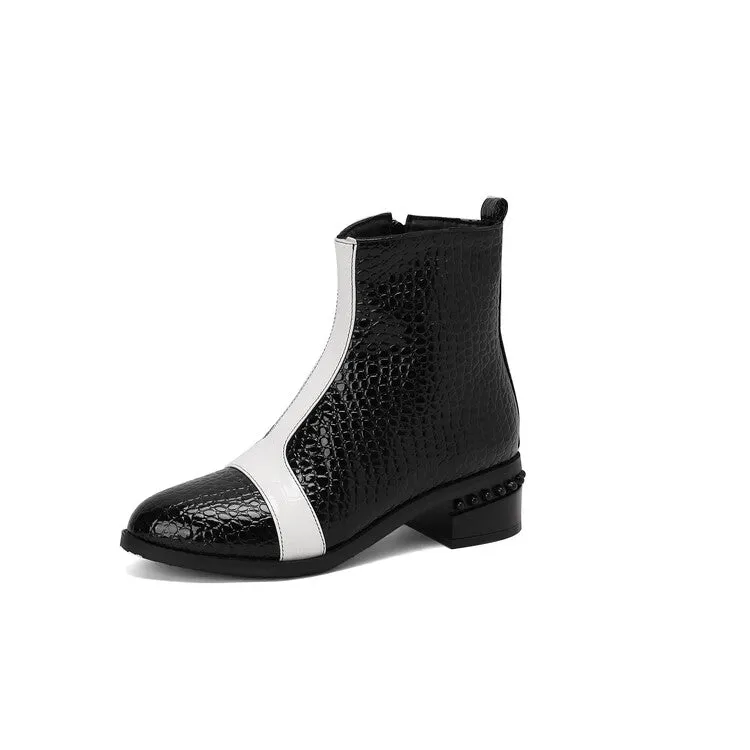 Women's Snake Print Color Block Pointed Toe Square Heel Ankle Boots