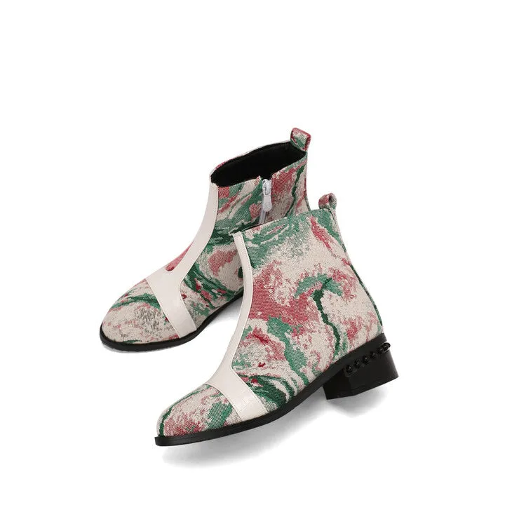 Women's Snake Print Color Block Pointed Toe Square Heel Ankle Boots