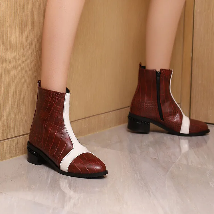 Women's Snake Print Color Block Pointed Toe Square Heel Ankle Boots