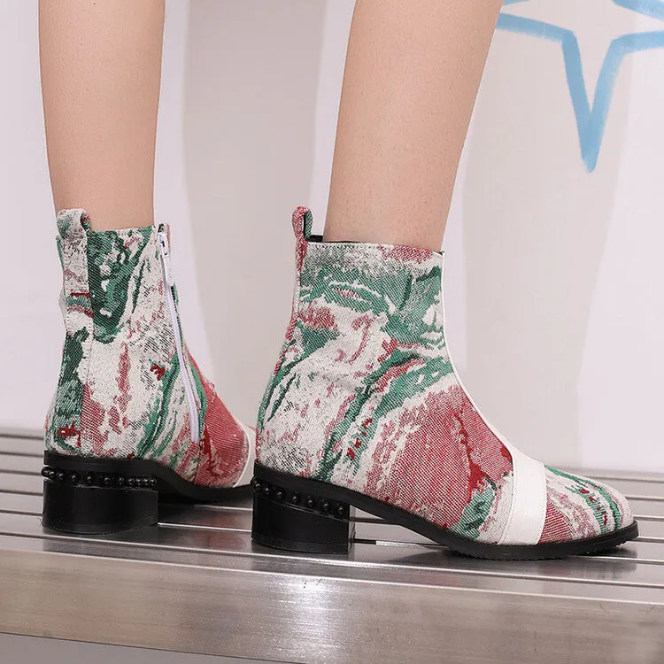 Women's Snake Print Color Block Pointed Toe Square Heel Ankle Boots