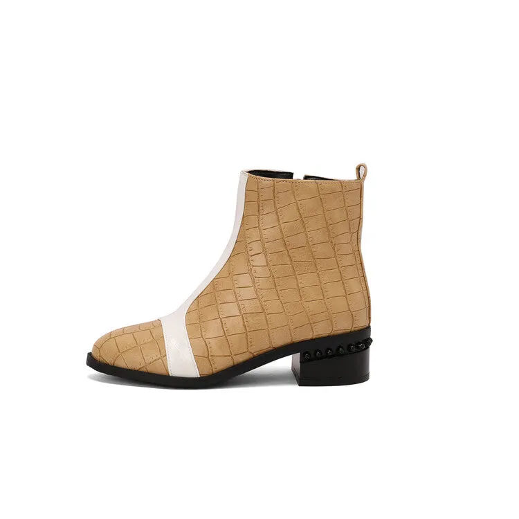 Women's Snake Print Color Block Pointed Toe Square Heel Ankle Boots