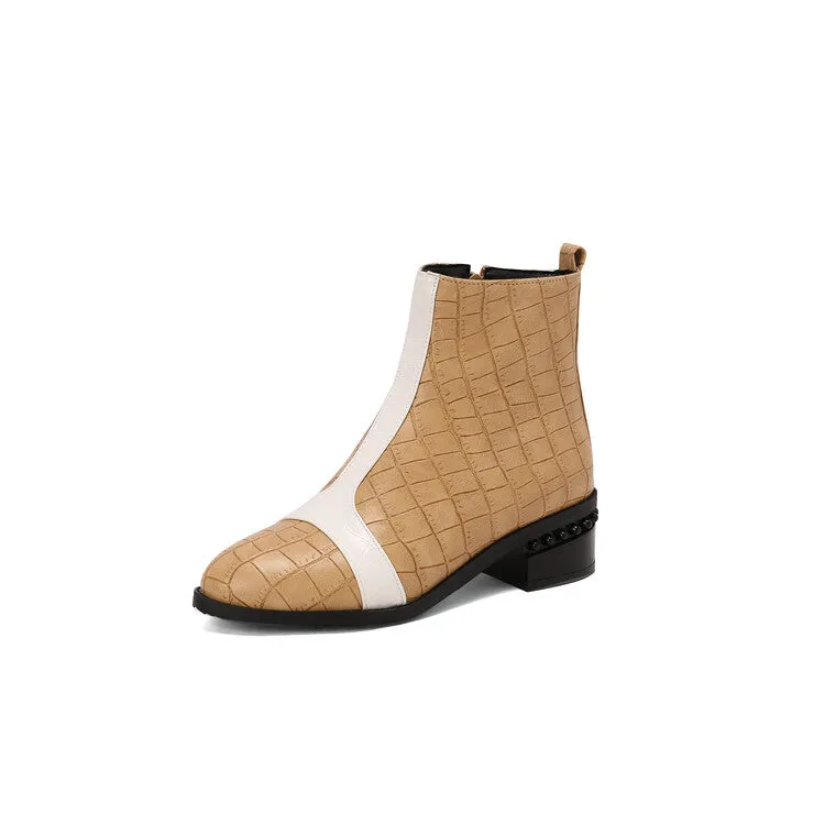 Women's Snake Print Color Block Pointed Toe Square Heel Ankle Boots