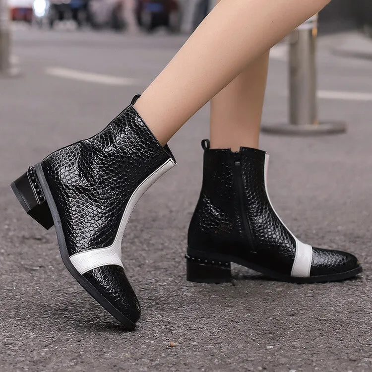 Women's Snake Print Color Block Pointed Toe Square Heel Ankle Boots