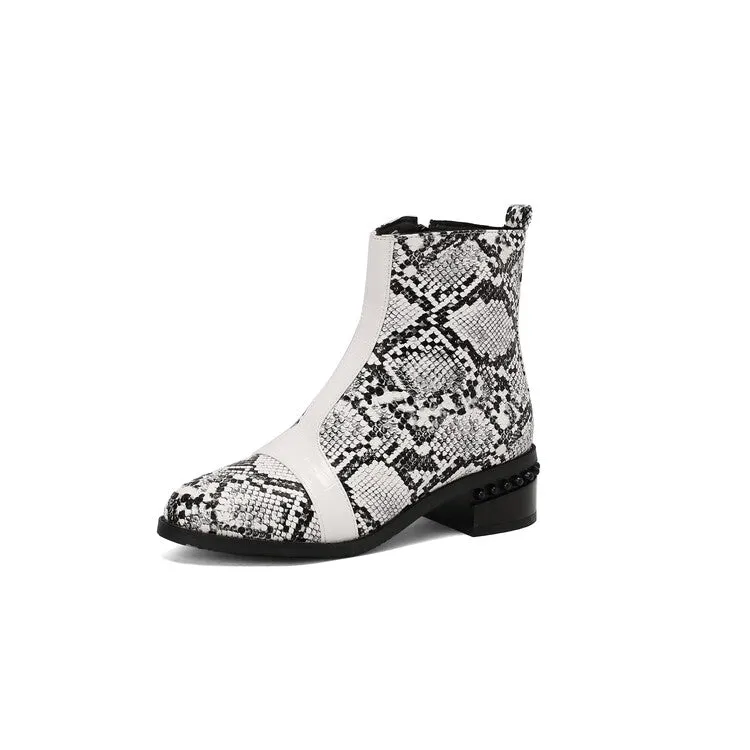 Women's Snake Print Color Block Pointed Toe Square Heel Ankle Boots