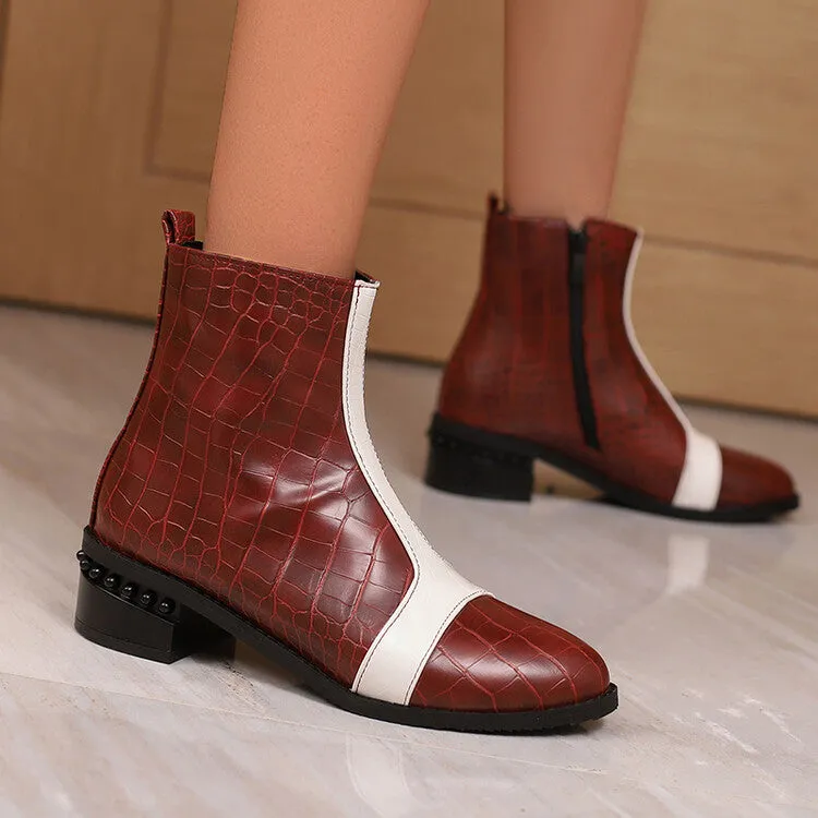 Women's Snake Print Color Block Pointed Toe Square Heel Ankle Boots
