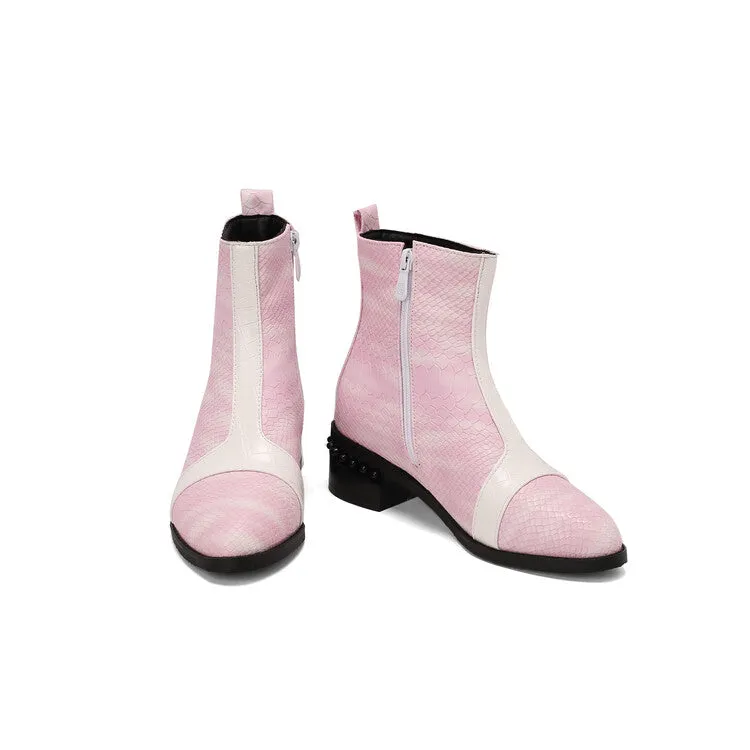 Women's Snake Print Color Block Pointed Toe Square Heel Ankle Boots