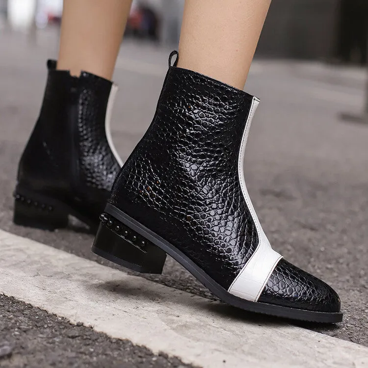 Women's Snake Print Color Block Pointed Toe Square Heel Ankle Boots