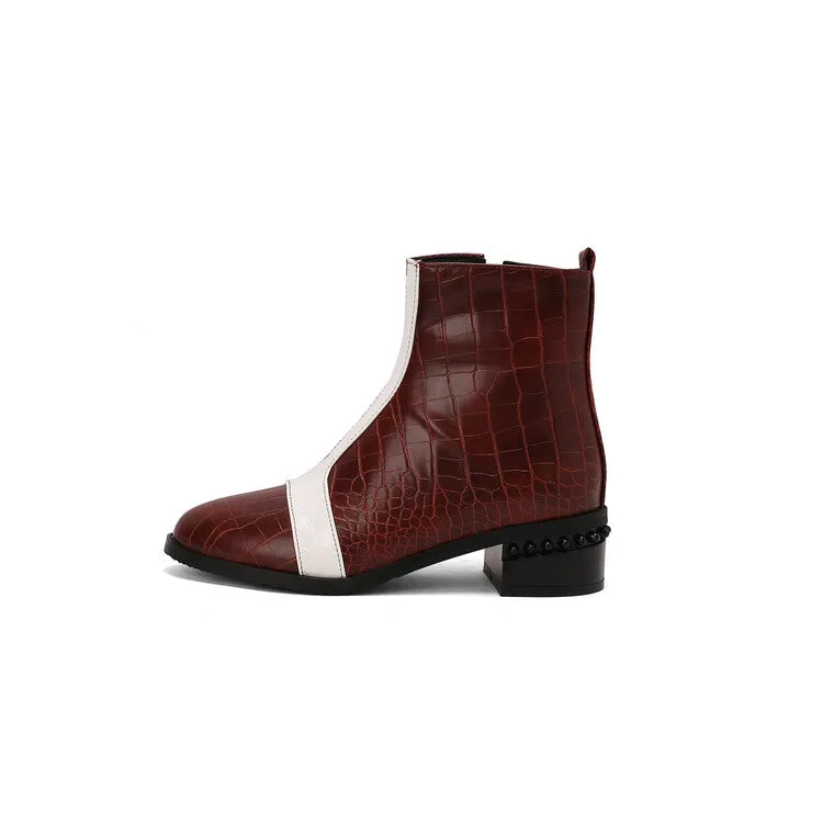 Women's Snake Print Color Block Pointed Toe Square Heel Ankle Boots