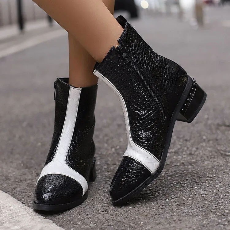Women's Snake Print Color Block Pointed Toe Square Heel Ankle Boots