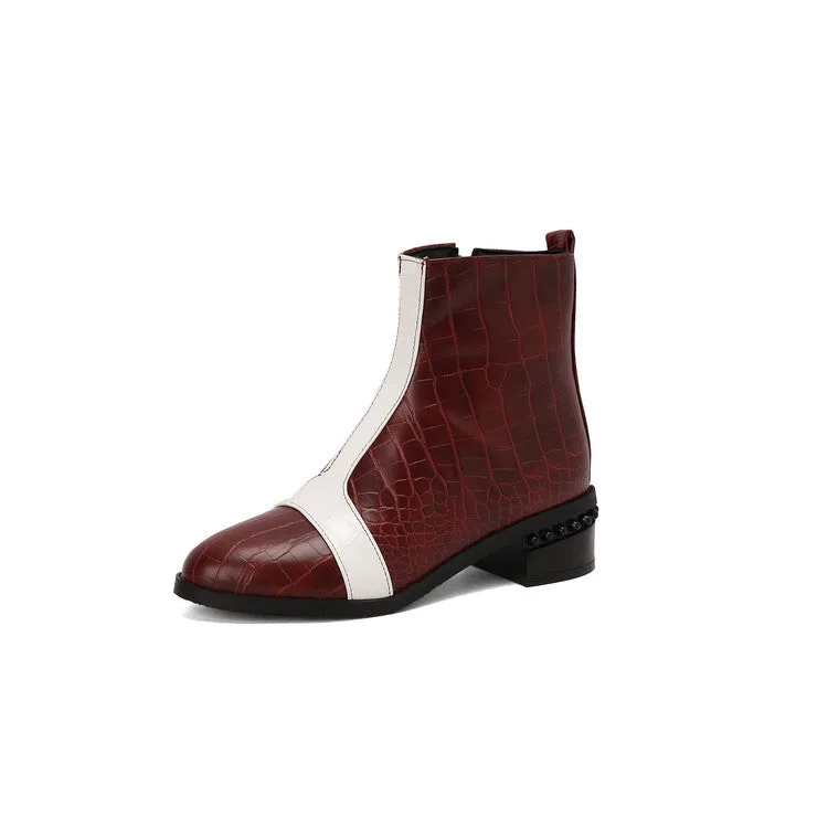 Women's Snake Print Color Block Pointed Toe Square Heel Ankle Boots