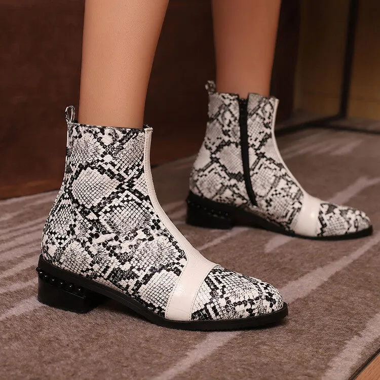 Women's Snake Print Color Block Pointed Toe Square Heel Ankle Boots